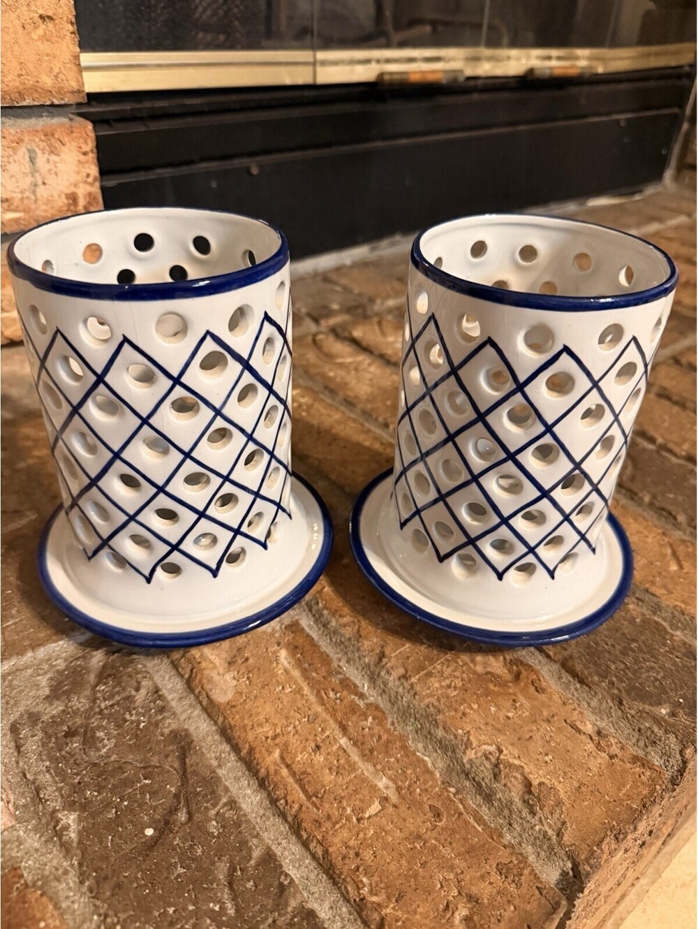 R.C. & CAL Portugal Ceramic Hand Painted Blue White Candle Holder Set 2